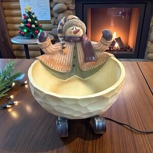 Crazy Mountain Ceramic Snowman Sled Candy Dish Christmas Bowl 5" Diameter